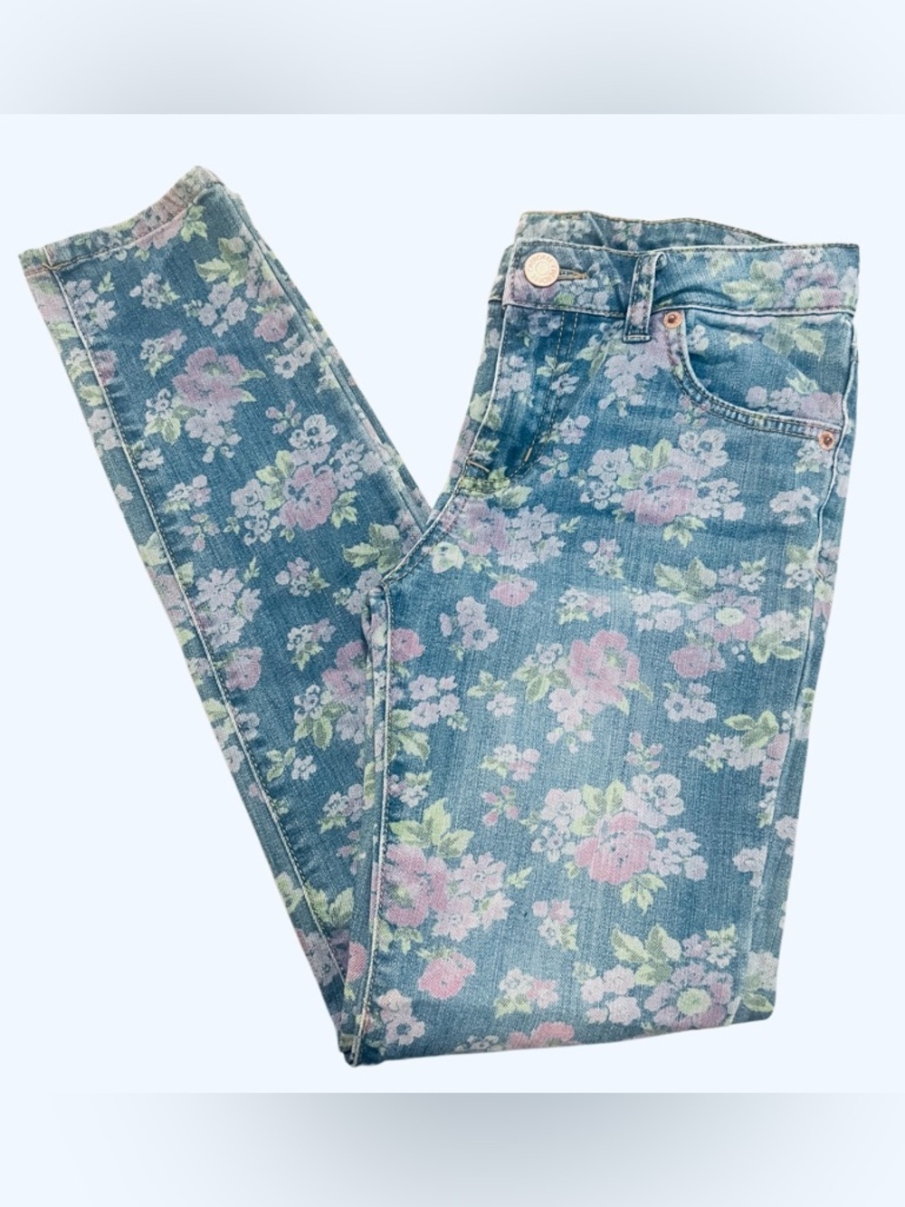 CHEROKEE -Girls' Floral Print Skinny Jeans - Pink & Green on Blue Denim👖